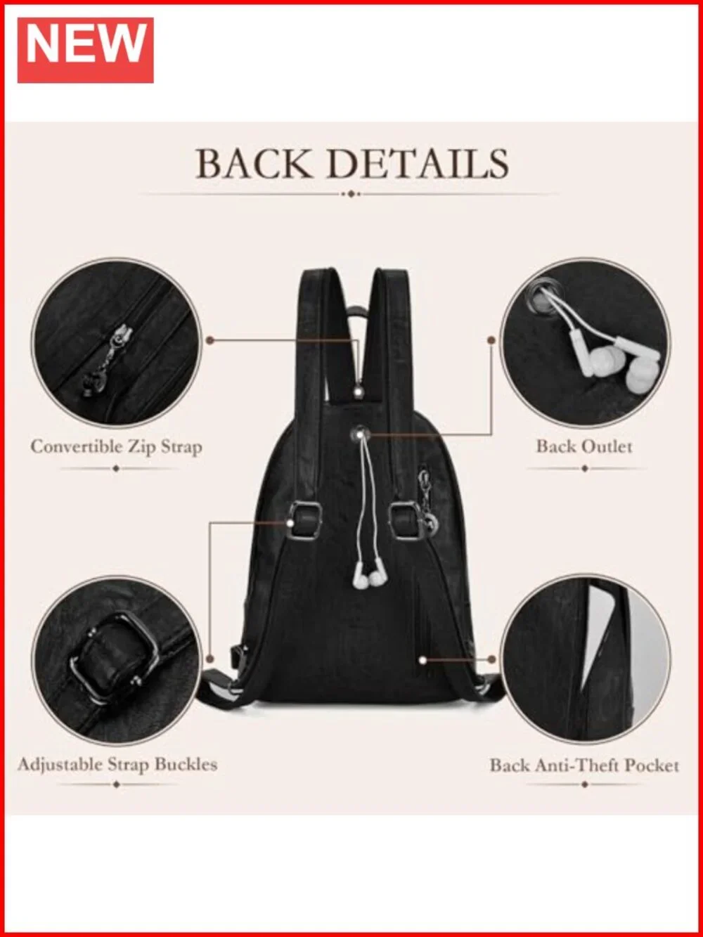 Faux Leather Convertible Sling Backpack Purse with Multiple Pockets